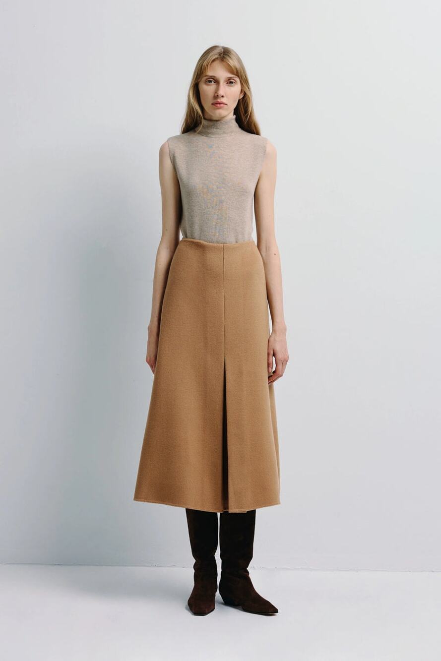 Rue Sophie Ambre Wool Cashmere Midi Skirt in Camel S
